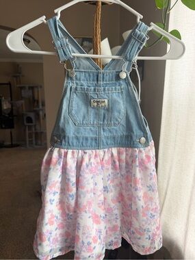 OshKosh B'gosh Light Denim Top with Pink & Blue Floral Skirt Overall Dress